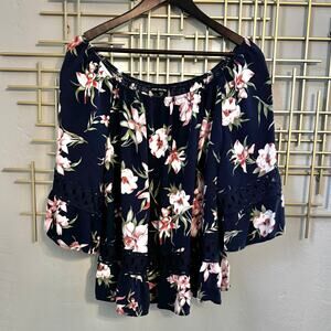 Unique Spectrum 2X Navy Floral Off Shoulder Boho Bell Sleeve Blouse